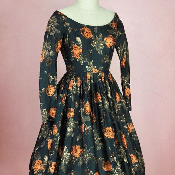 Vintage 50s 60s Autumn Print Floral Dress S - Picture 3 of 13